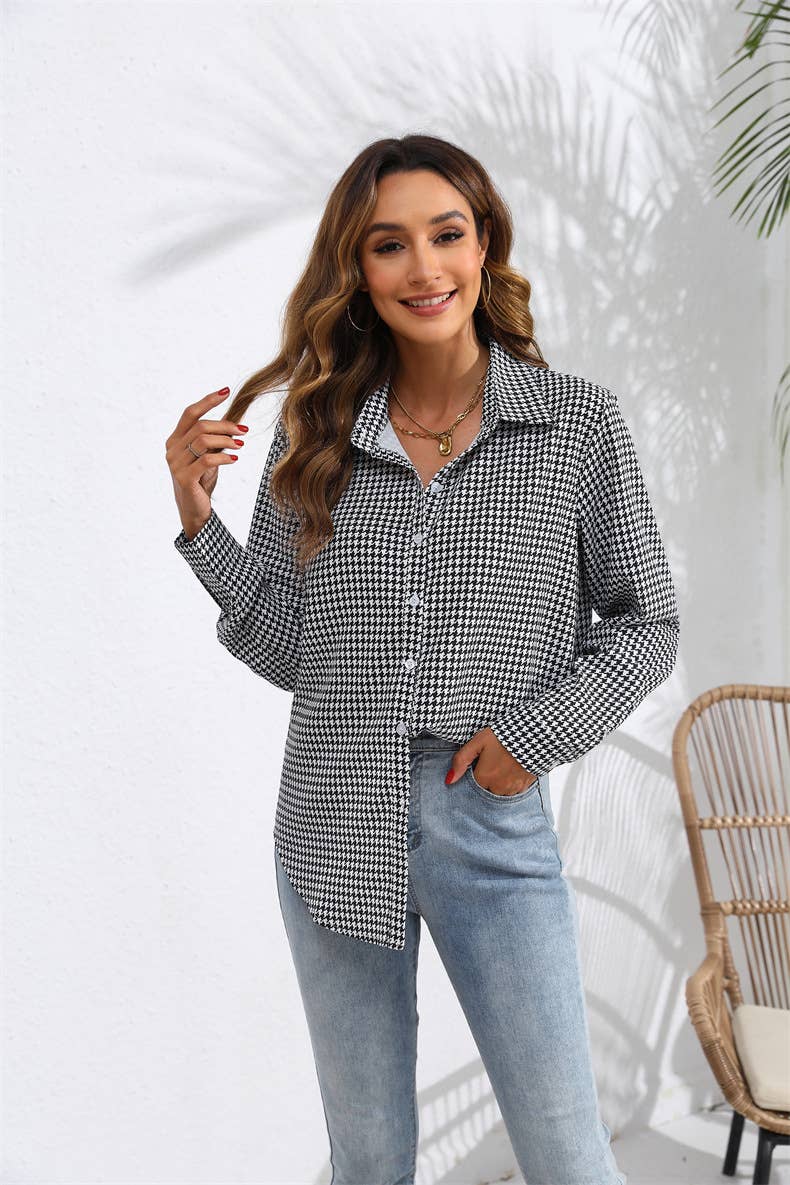 Lapel checked loose casual long-sleeved shirt