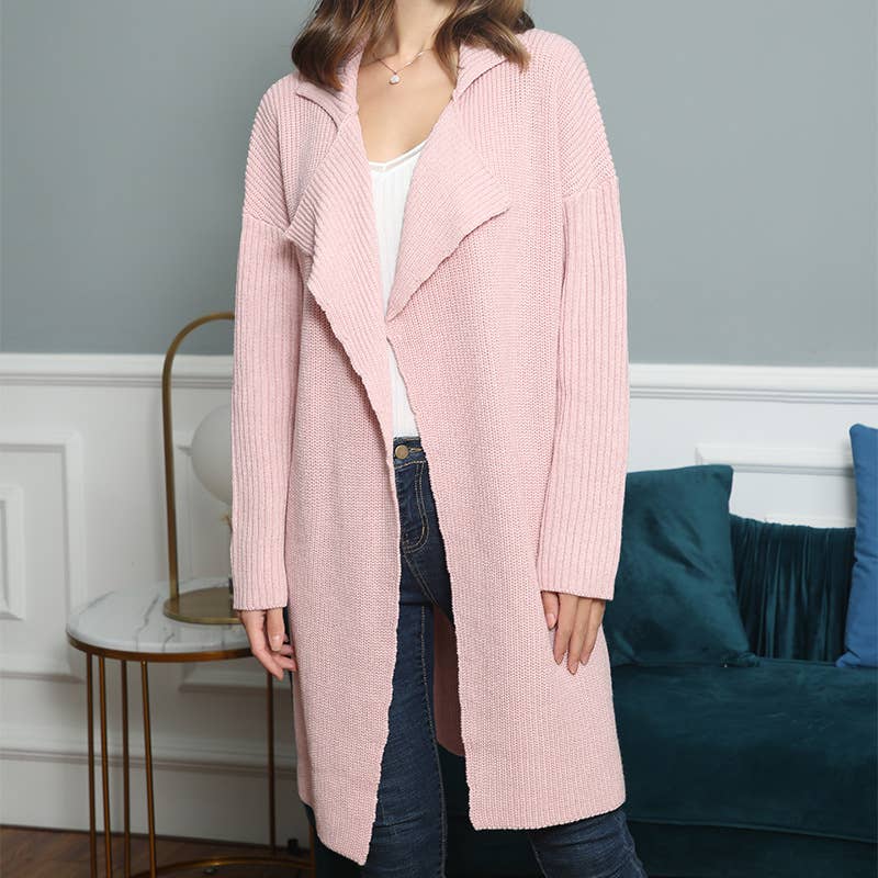 LAPEL LOOSE KNIT MID-LENGTH TRENCH CARDIGAN