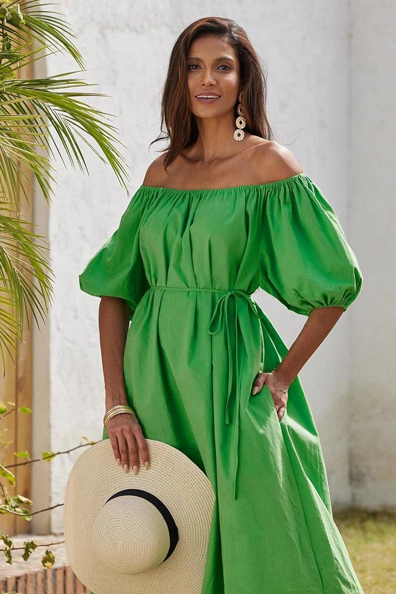 CWDMD5913_LAZY STYLE PUFF SLEEVE OFF-SHOULDER FRENCH DRESS