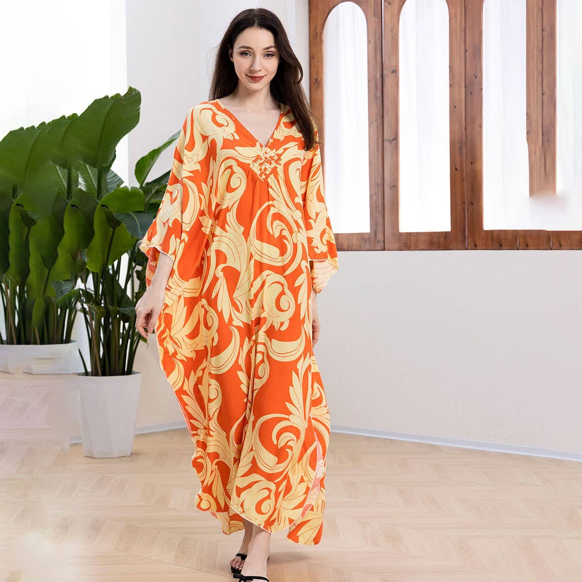 Leaf Print Loose Beach Cover-Up for Vacation