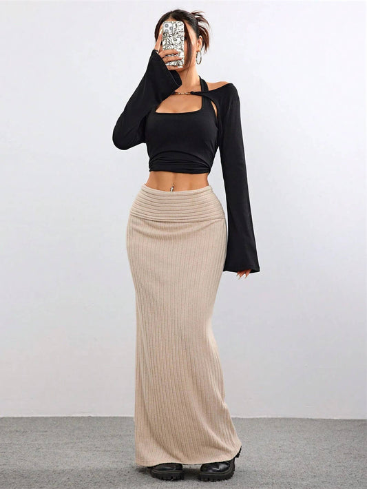 HIGH-WAISTED SLIMMING SOLID COLOR CASUAL SKIRT
