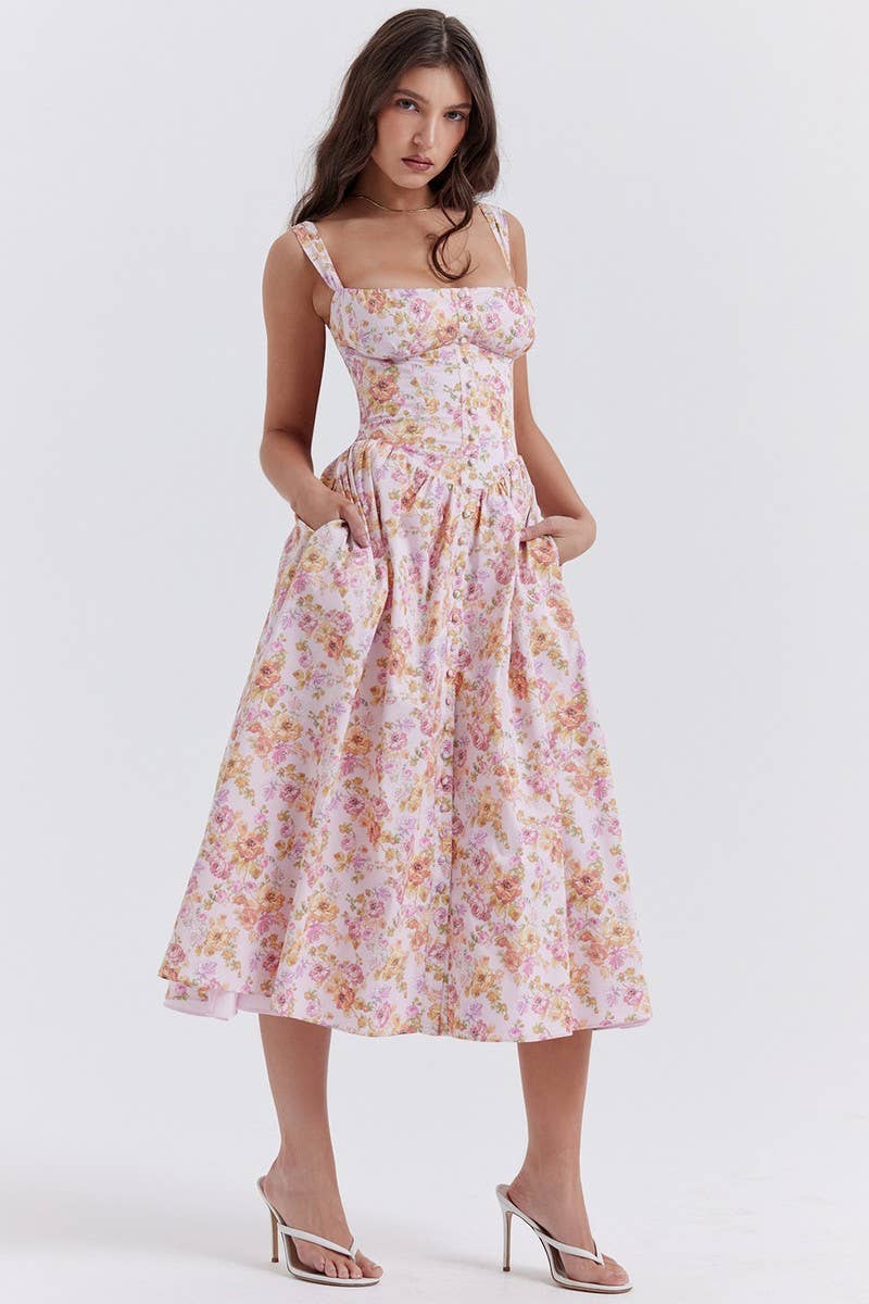 CWDMD5937_FLORAL STRAPLESS SHORT SLEEVE CAMI DRESS