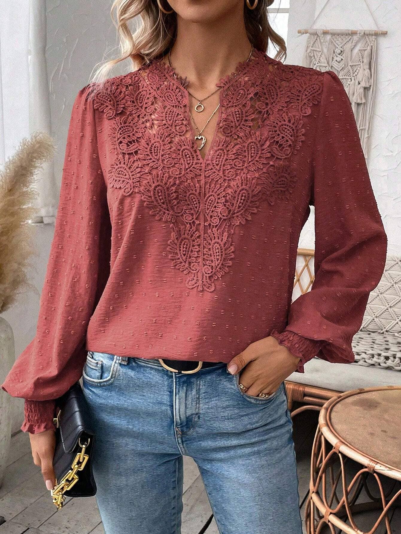 Fashion V-neck lace long sleeve casual T-shirt