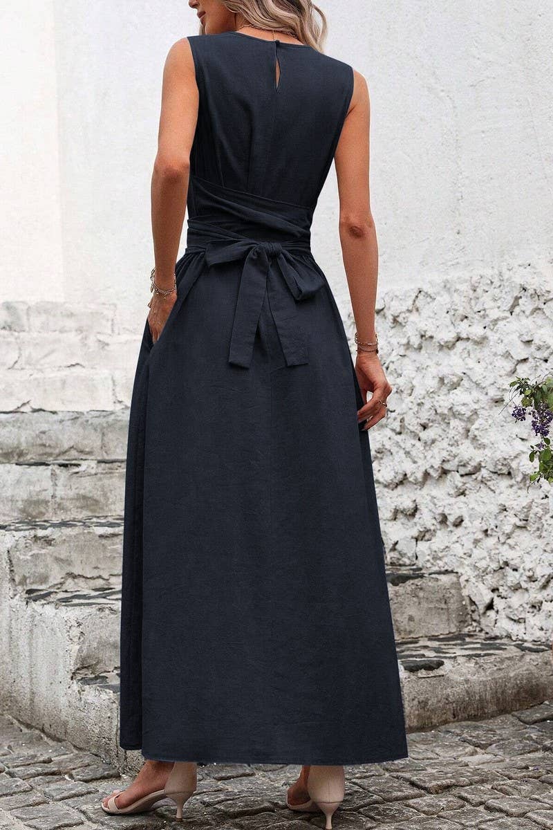CWDMD5873_SOLID SLEEVELESS TIE WAIST CASUAL TANK DRESS