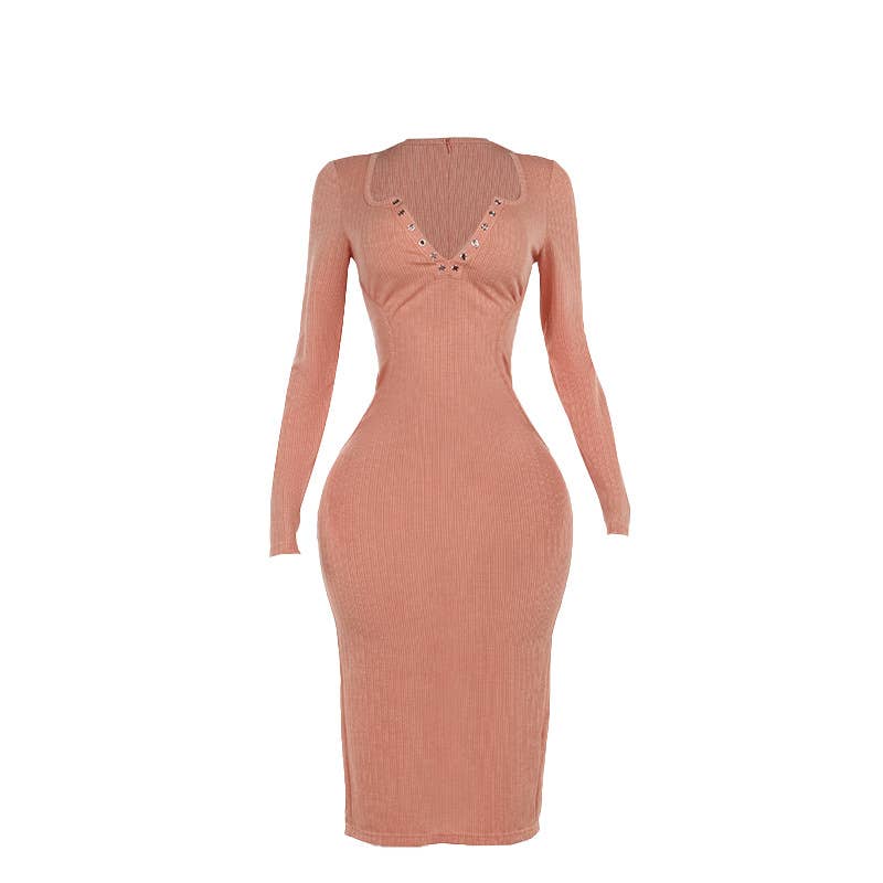 SLIM KNIT MACHINE EYE V-NECK LONG SLEEVE DRESS
