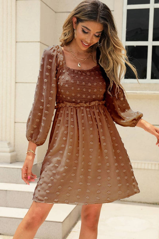 CWDSD6412_SQUARE COLLAR WITH DOTTED MID-SLEEVE DRESS