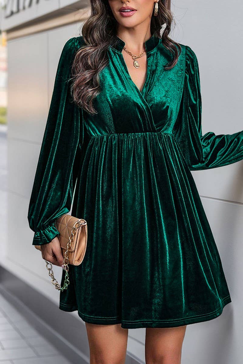 CWDSD6217_V-NECK LONG-SLEEVED GOLD VELVET DRESS