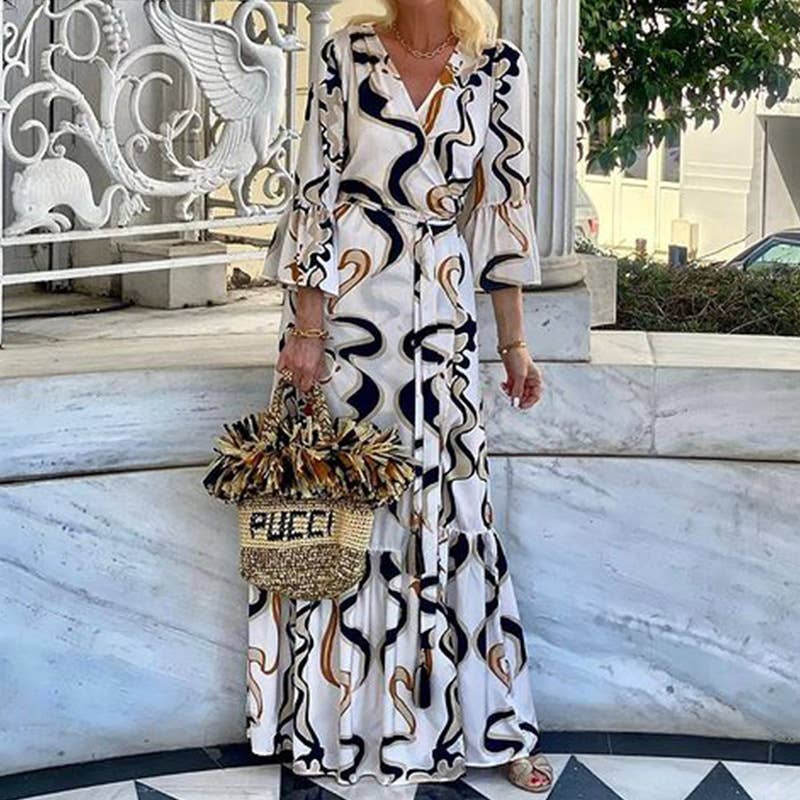 Long sleeve floral loose midi resort dress