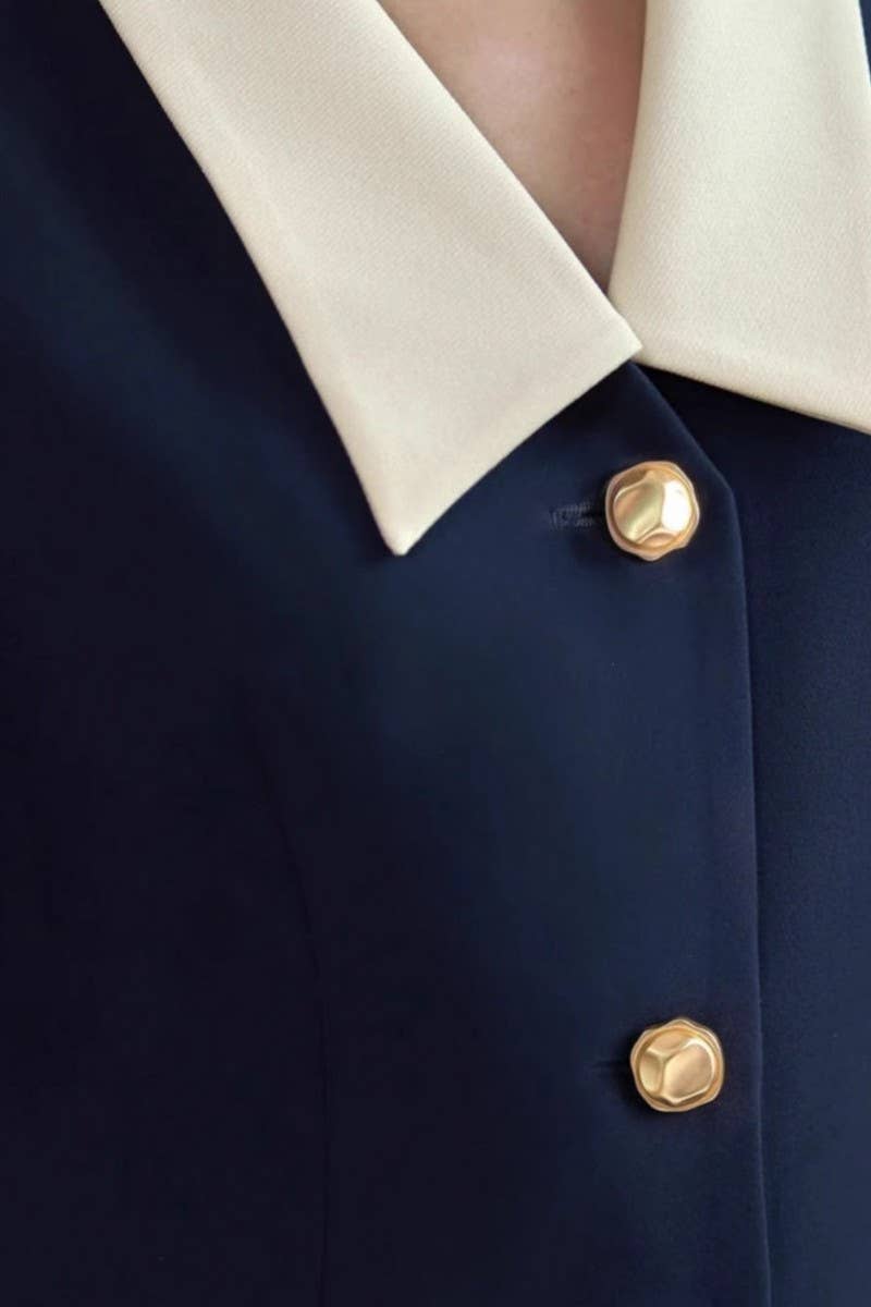 CWDSD8841_SLEEVELESS WHITE COLLAR PATCHWORK BUTTON DRESS