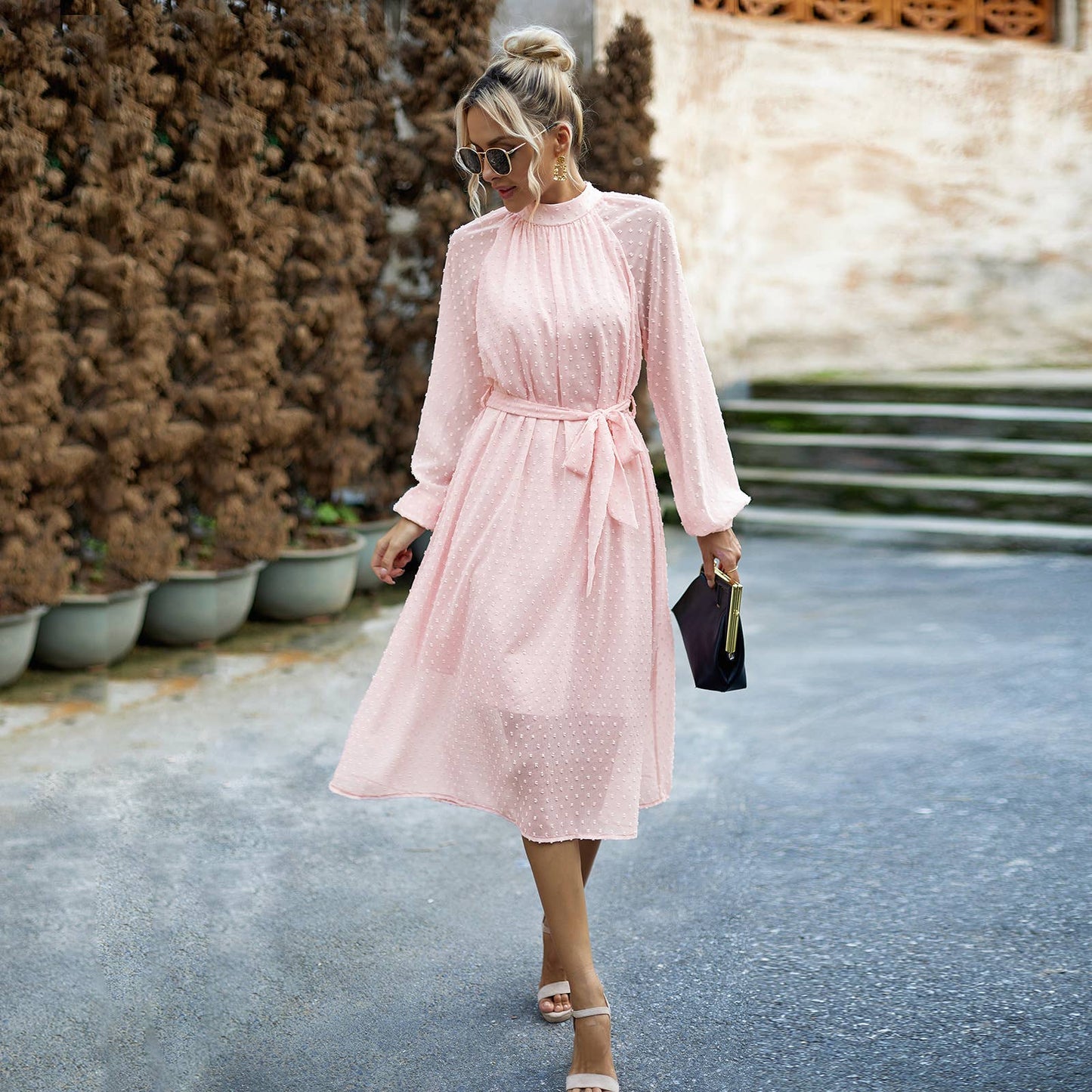 JACQUARD MESH LACE-UP WAIST ROUND NECK LONG DRESS