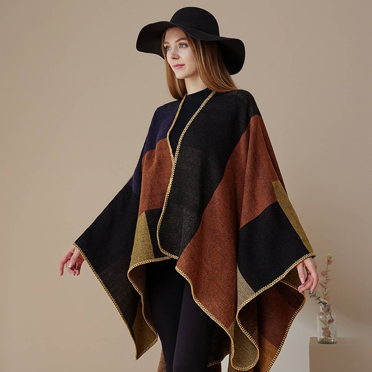 DOUBLE-SIDED PLAID FAUX CASHMERE SHAWL CAPE