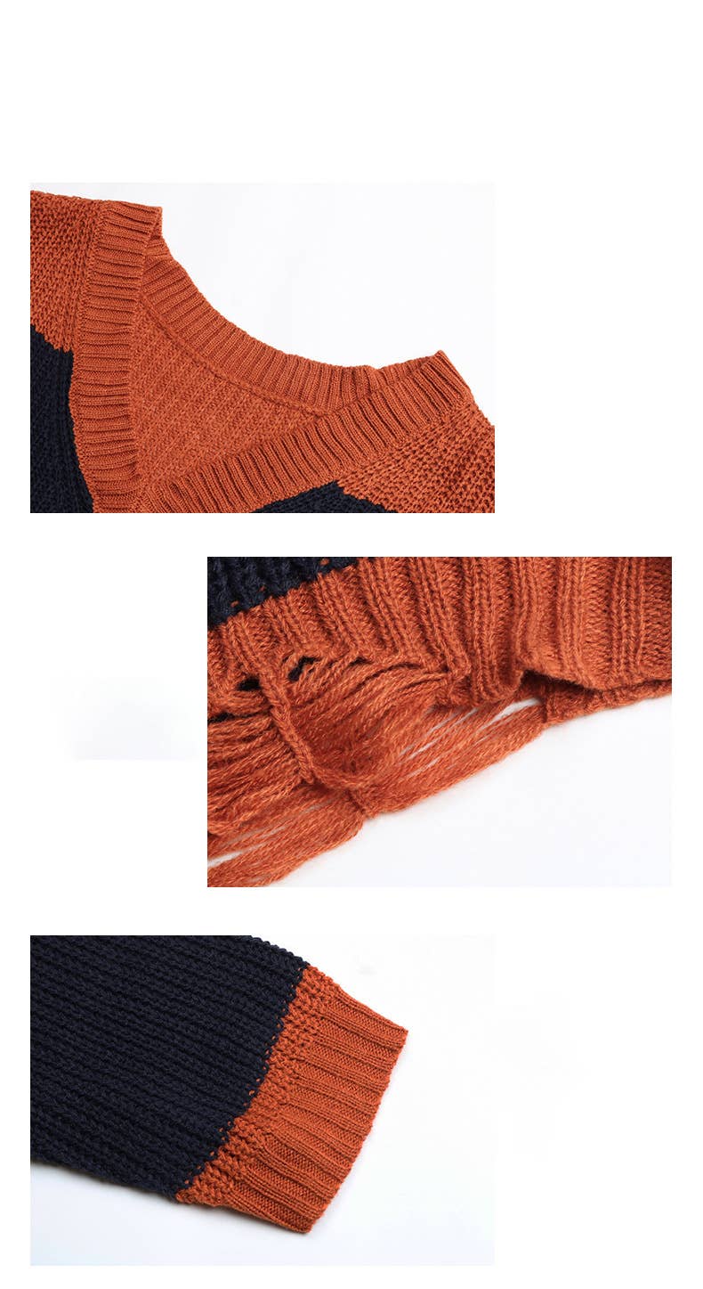 Trendy knitted color-blocked V-neck sweater