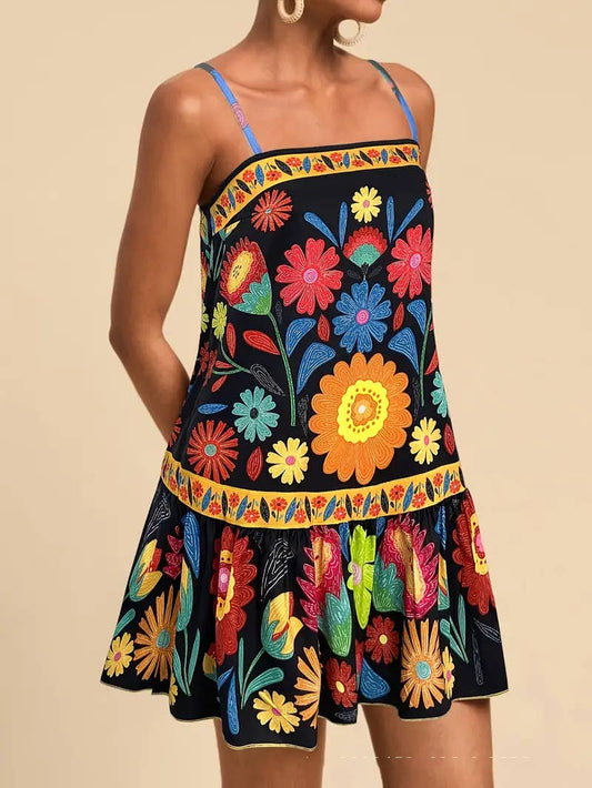 Fashion digital printed sunflower halter dress