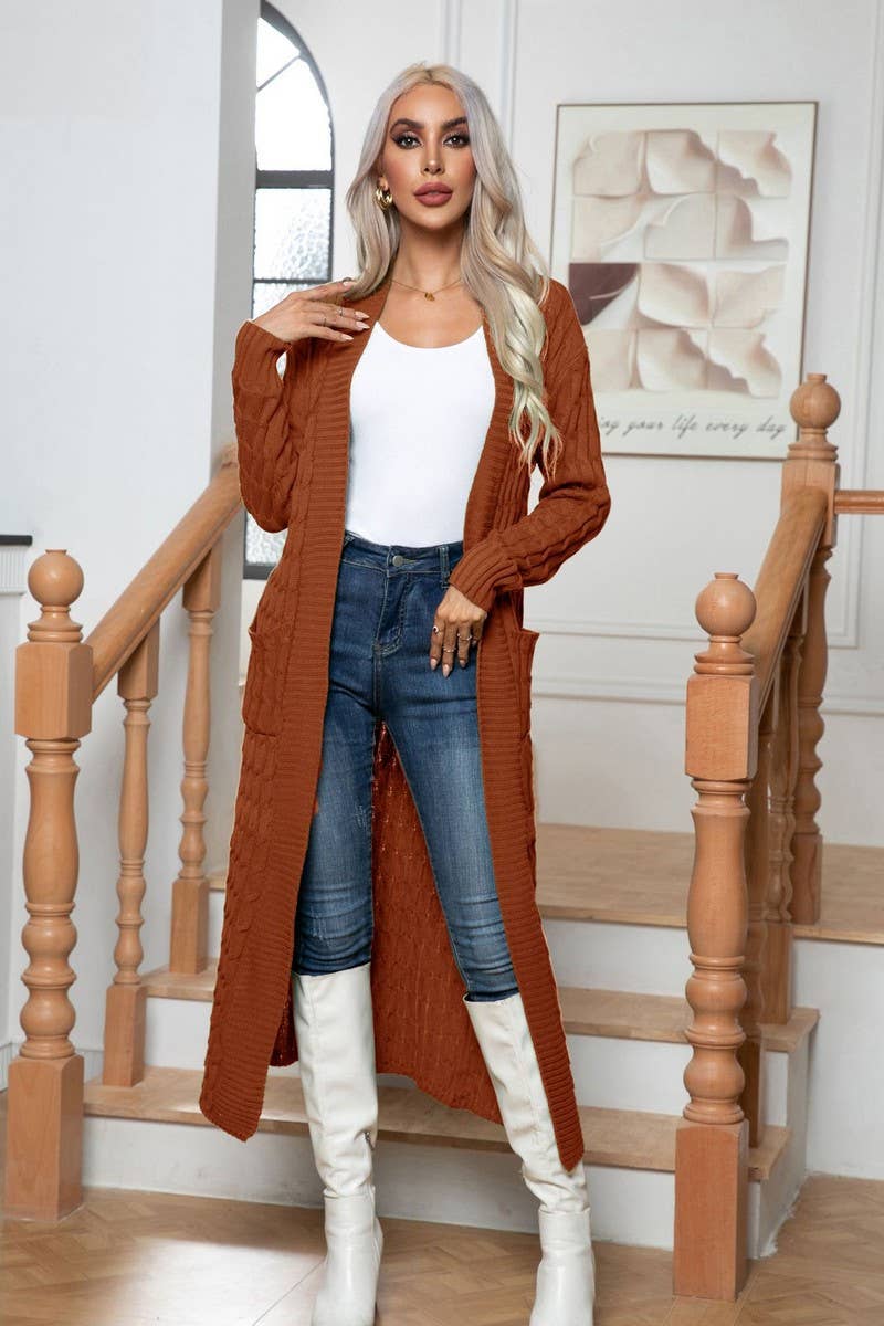 CWOCAL1167_KNITTED TWIST POCKET LONG CARDIGAN SWEATER
