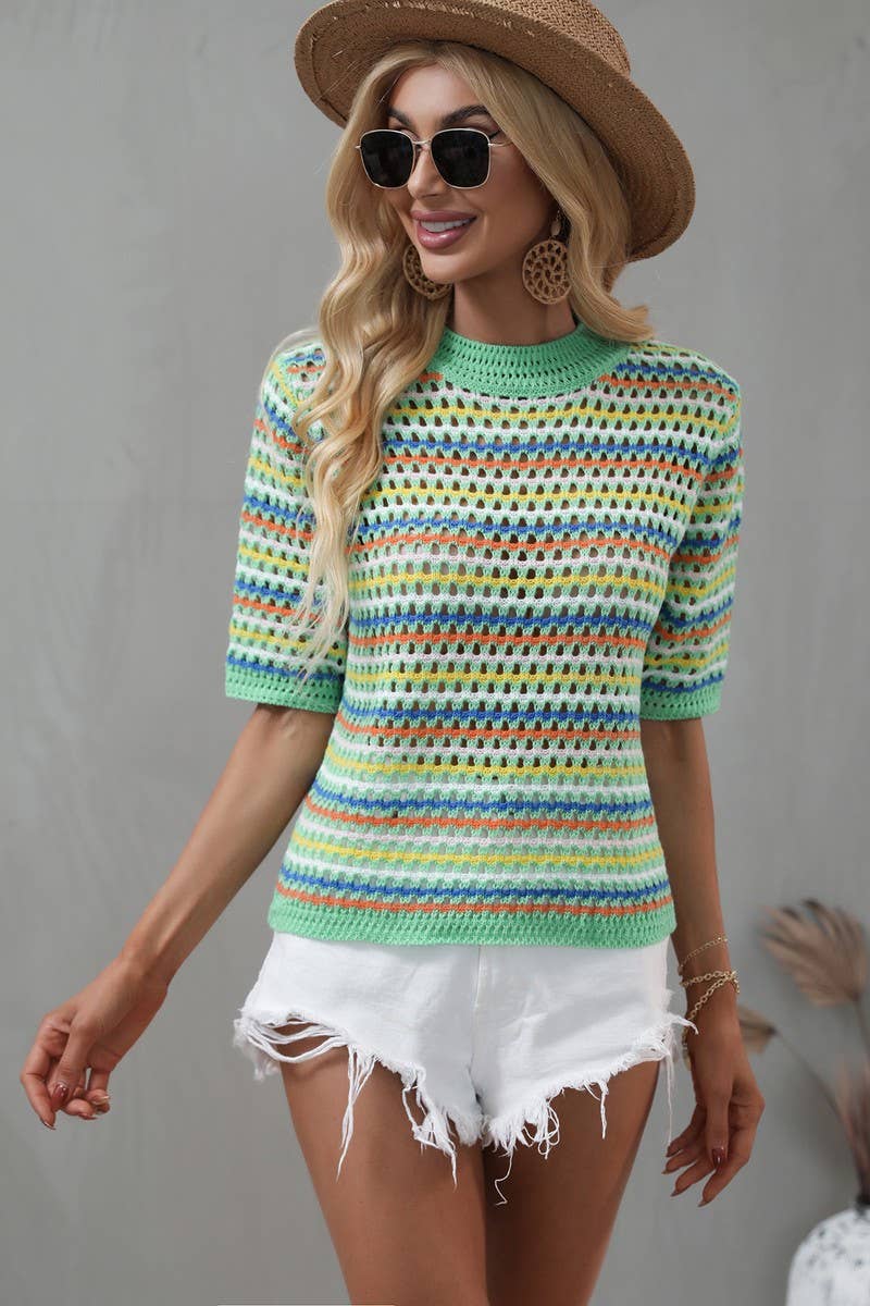 Cwtts0736_Crochet Short Sleeve Pullover Sweater
