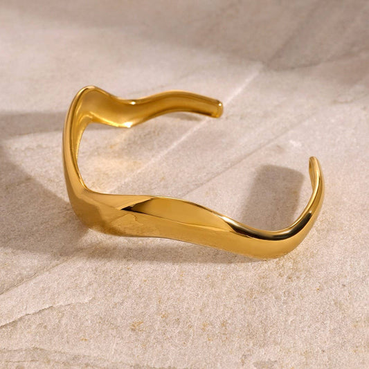 Minimalist Wavy Polished Open Cuff in 18K Steel