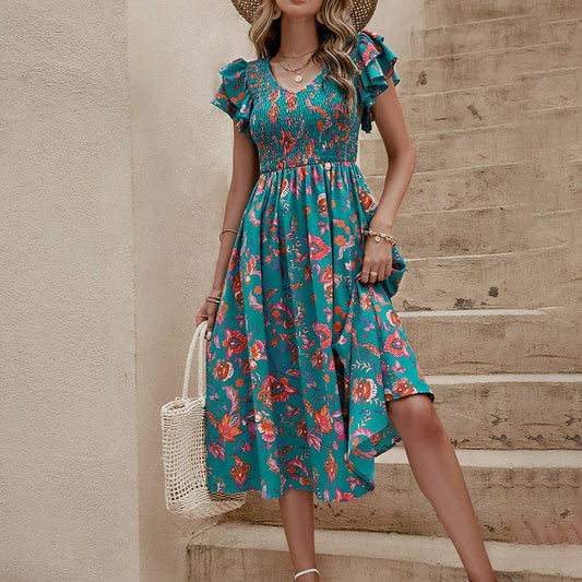 Printed V-neck short-sleeved cinched-waist dress