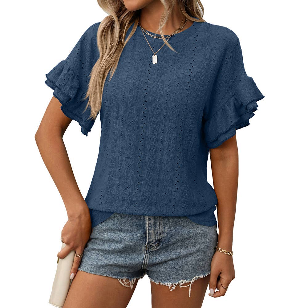 Solid color round neck Top with lotus sleeves