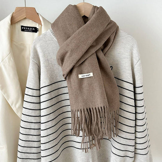 CWASC03137_SOLID WOOL WIDE SCARF WITH TASSELS FOR WOMEN MEN