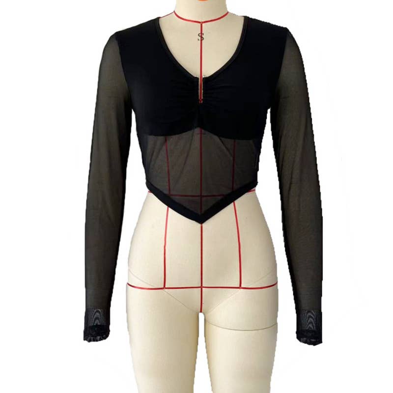 V-neck solid color gauze see-through T-shirt