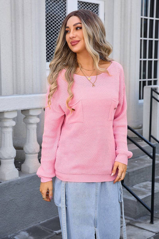 Cwoswl3112_Solid Color Pullover Pocket Knitted Sweater