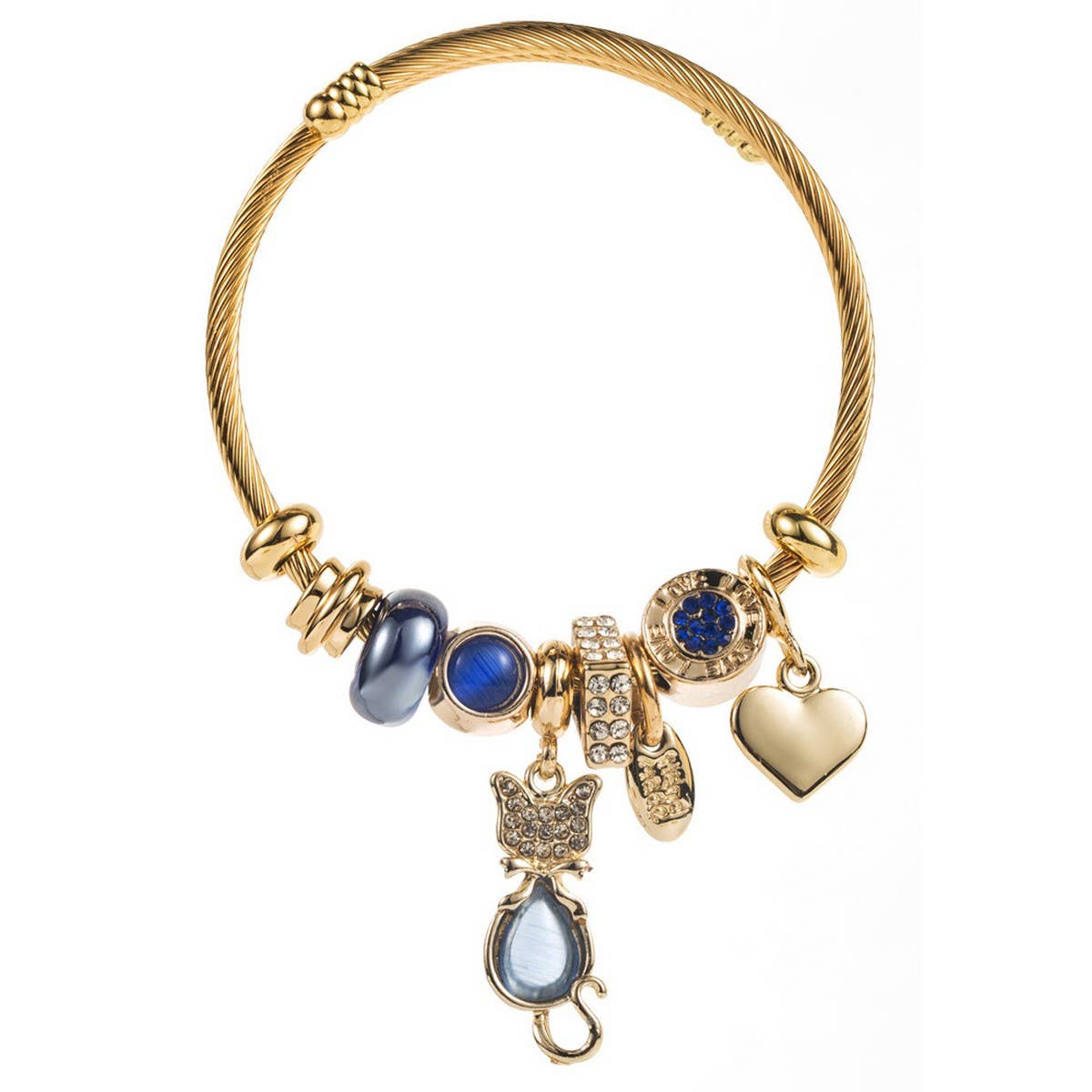 Fashionable Cat & Heart Beaded Steel Bracelet_CWMM8585