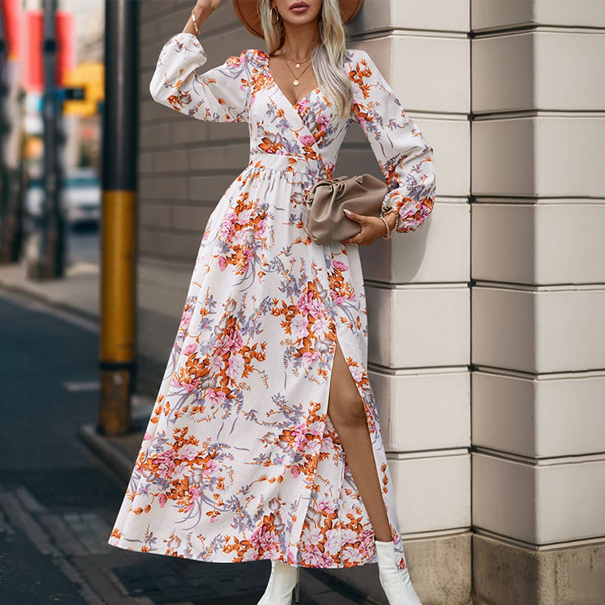 LONG SLEEVE DEEP V-NECK PRINT LONG SPLIT DRESS