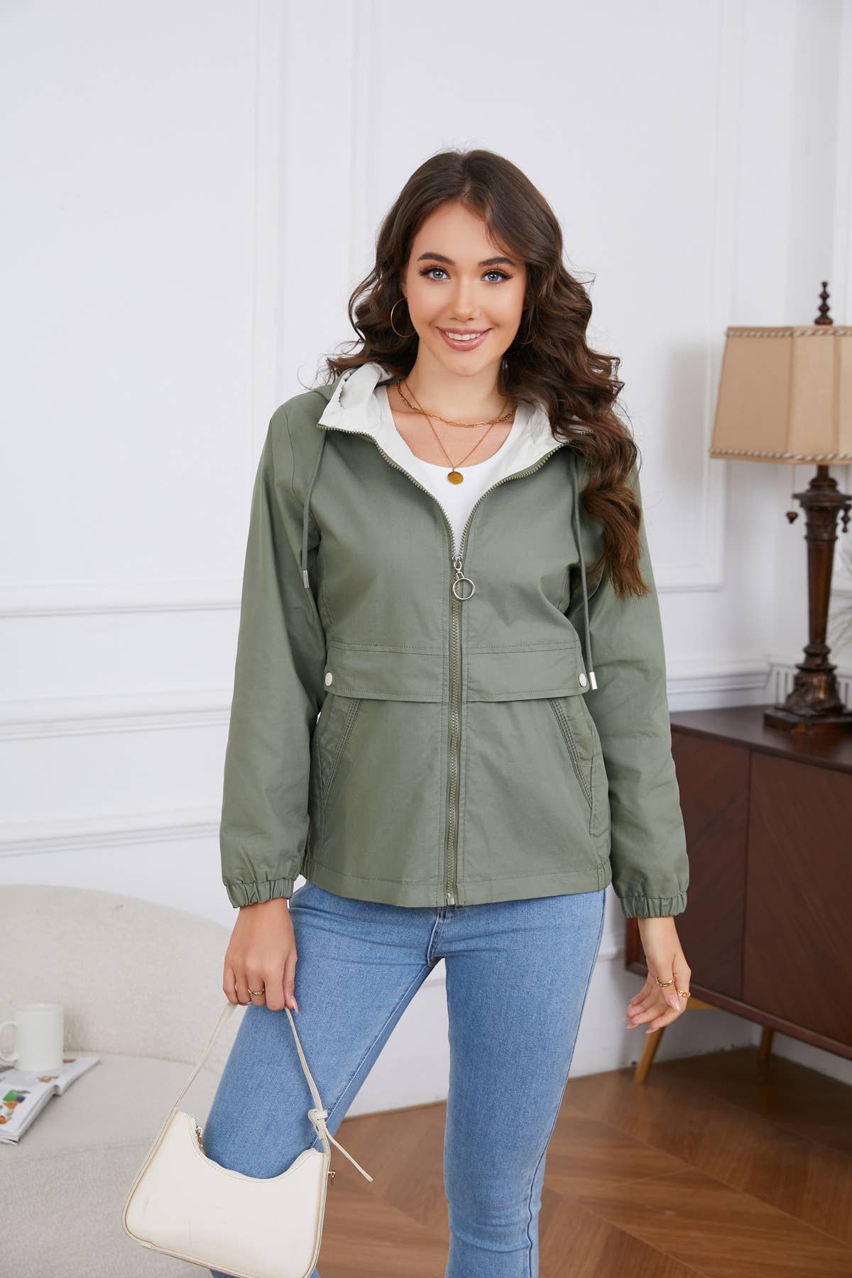 HOODED SOLID COLOR LONG SLEEVE TRENCH COAT