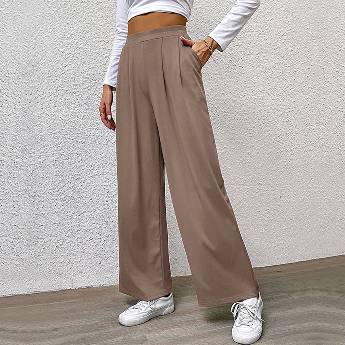 SOLID COLOR PIT STRIPE CASUAL WIDE-LEG PANTS