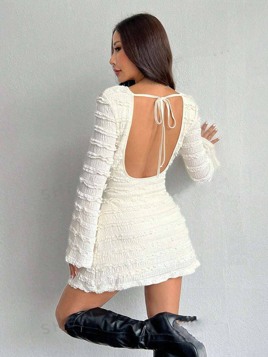 ROUND-NECK JACQUARD BACKLESS FLARED SLEEVES DRESS