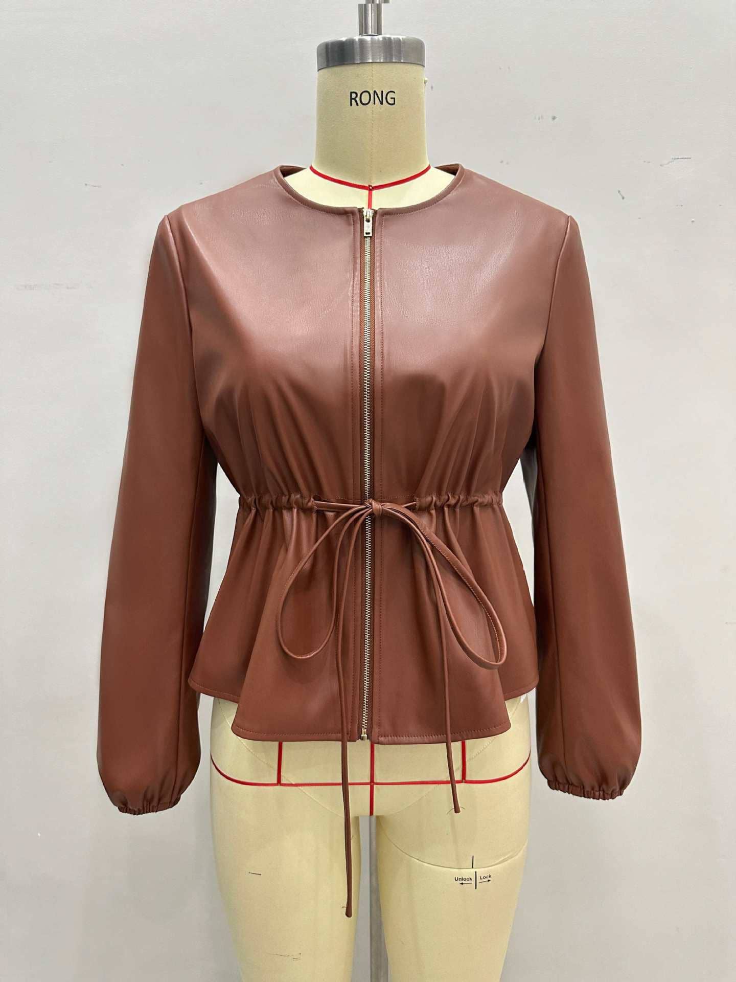 Round-neck drawstring waist leather jacket