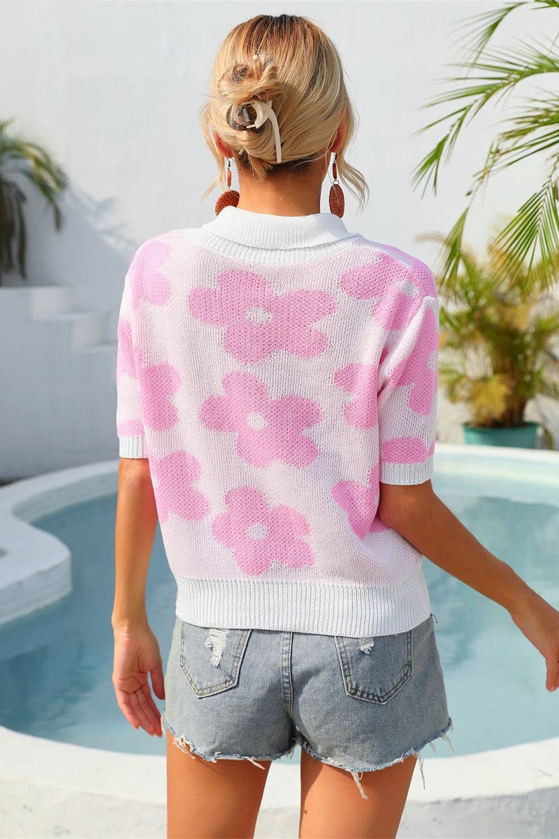 LAPEL FLOWER PRINT SHORT SLEEVE T SHIRT_CWOSWS0067