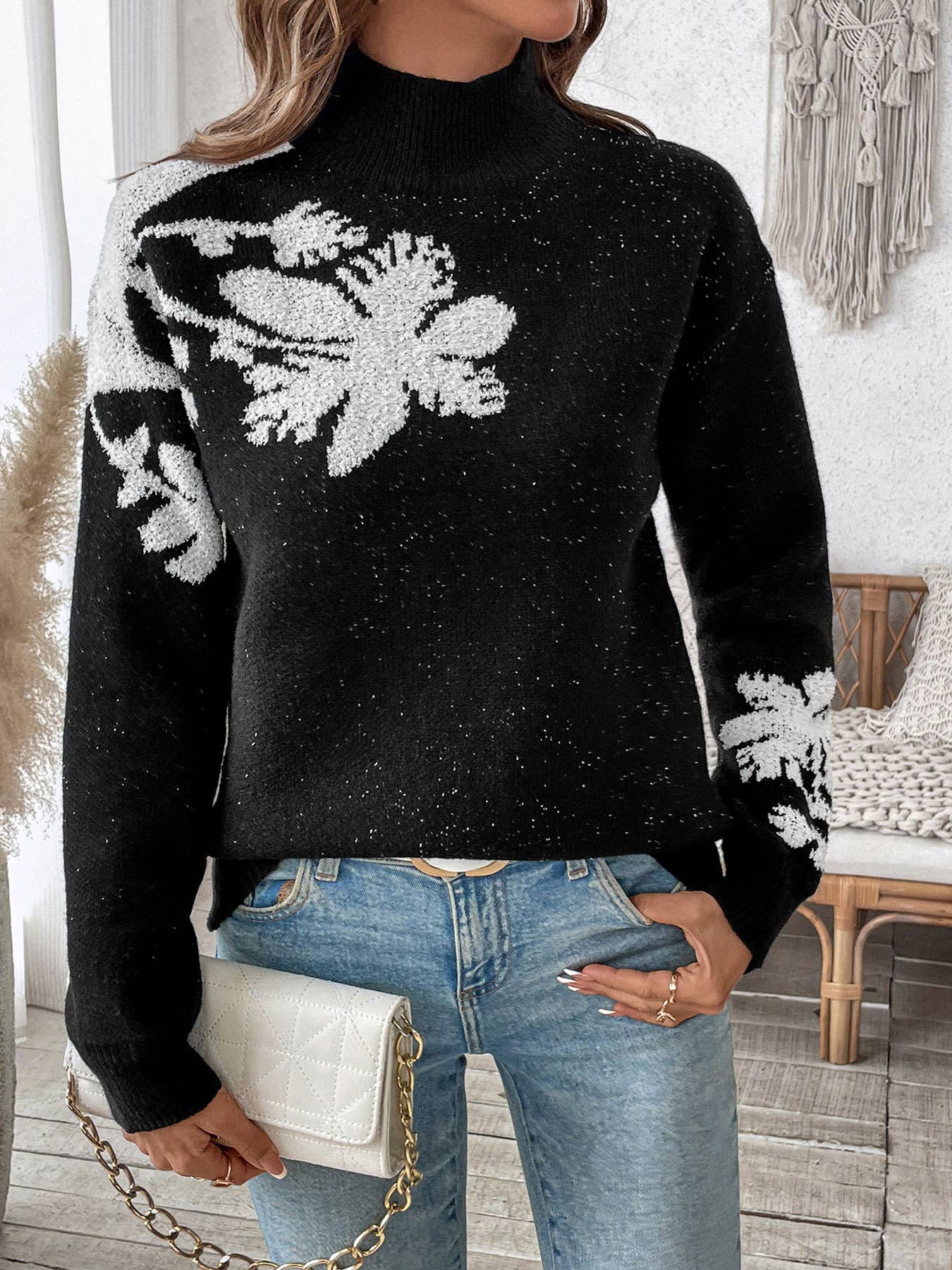 WOMEN'S HALF TURTLENECK COLOR JACQUARD SWEATER