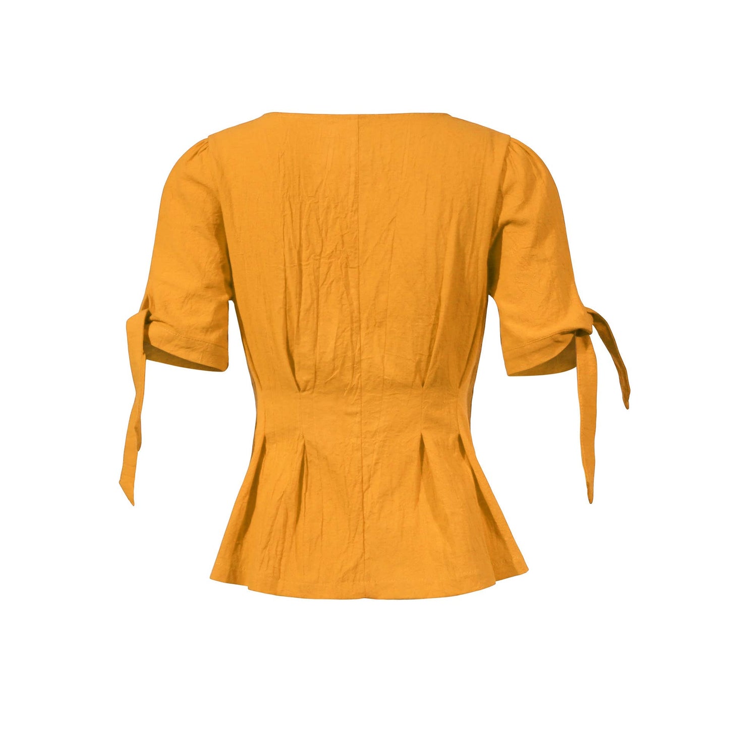 V-NECK STRAP WAIST BUTTON COTTON LINEN BLOUSE