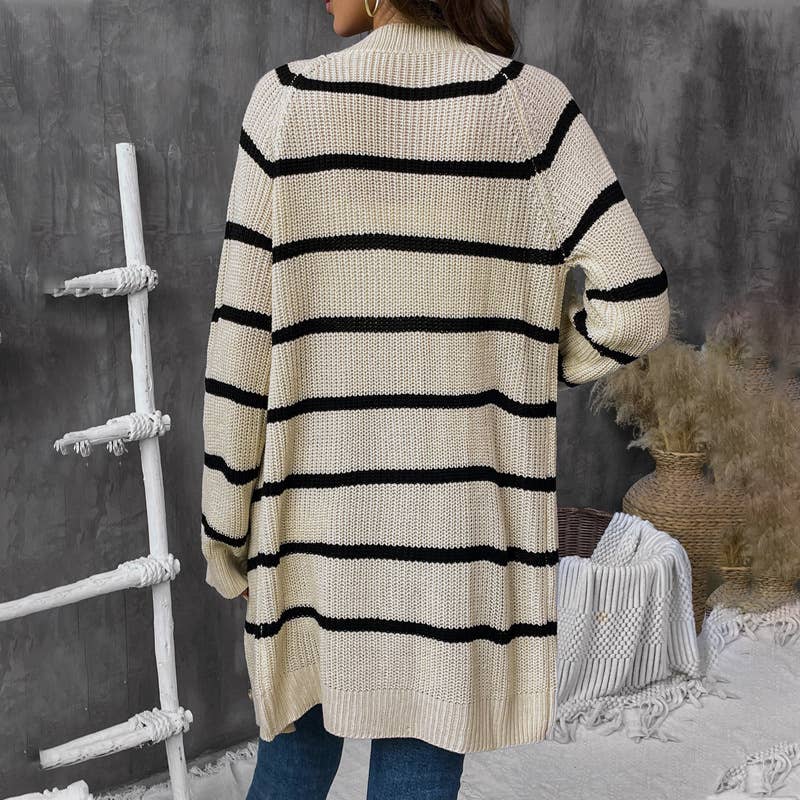 Striped jacquard single-breasted long cardigan