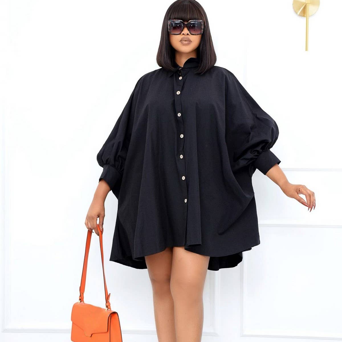 LOOSE LAPEL SOLID COLOR OVERSIZED SHIRT DRESS