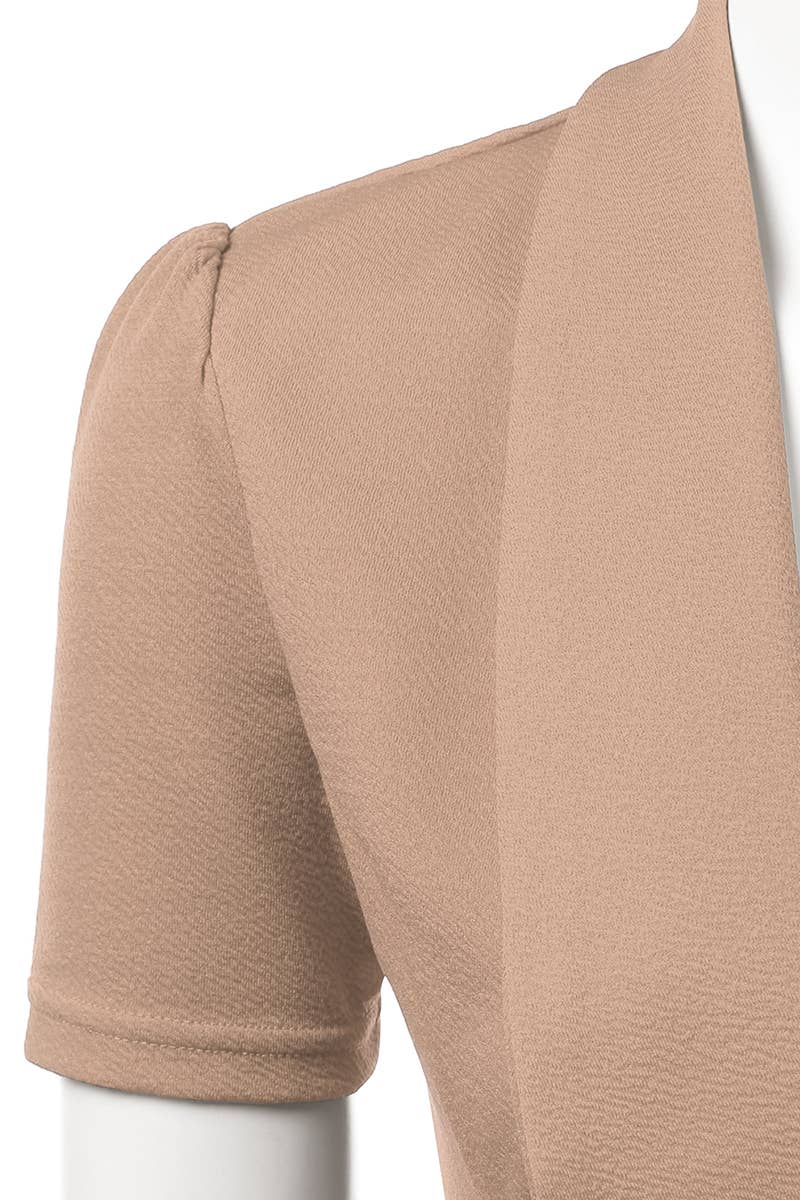 CWOBL095_Short Sleeve Open Front Draped Ruffles Blouses