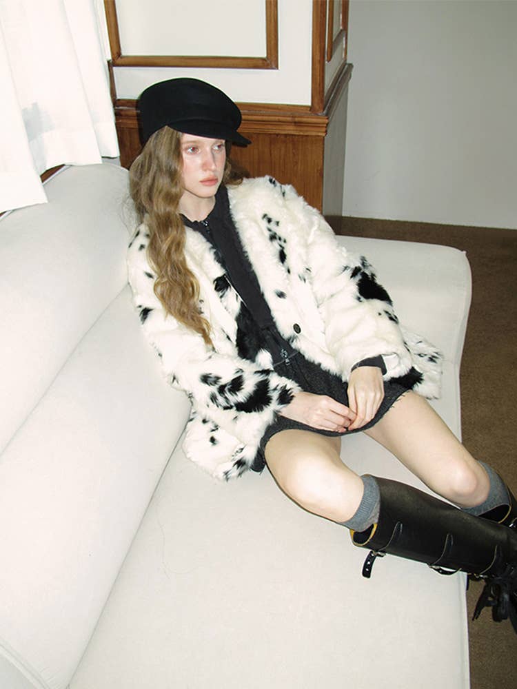 Fashionable color-blocking cow print coat