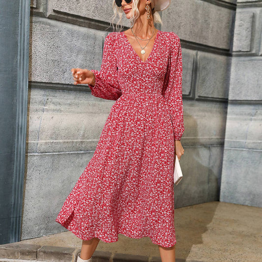 V-NECK WAIST PRINT DRESS