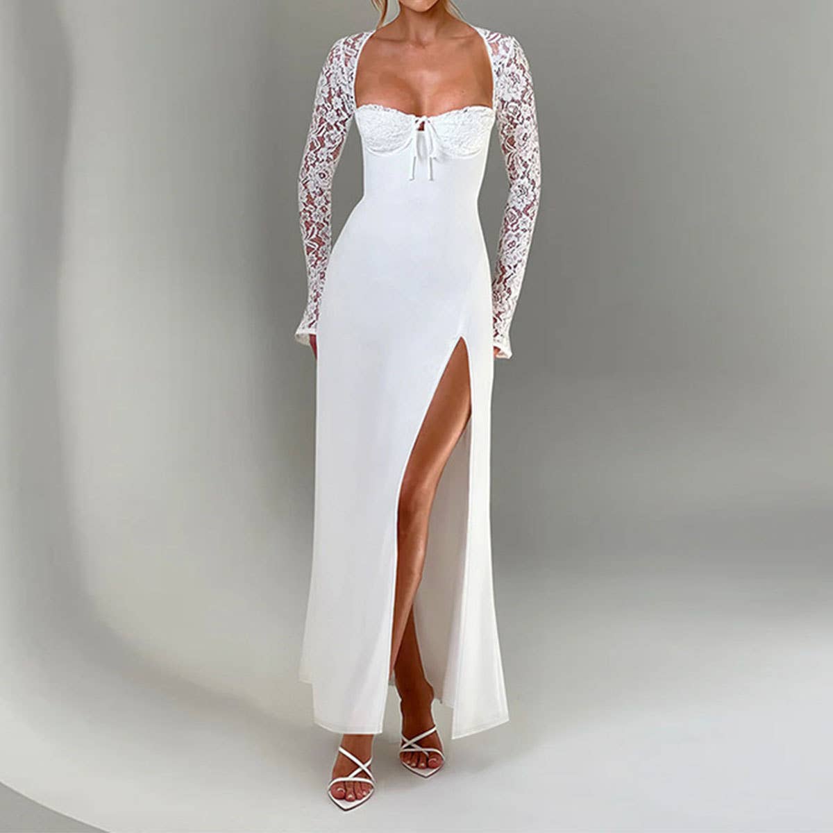 A slim high-slit lace patchwork fashion dress