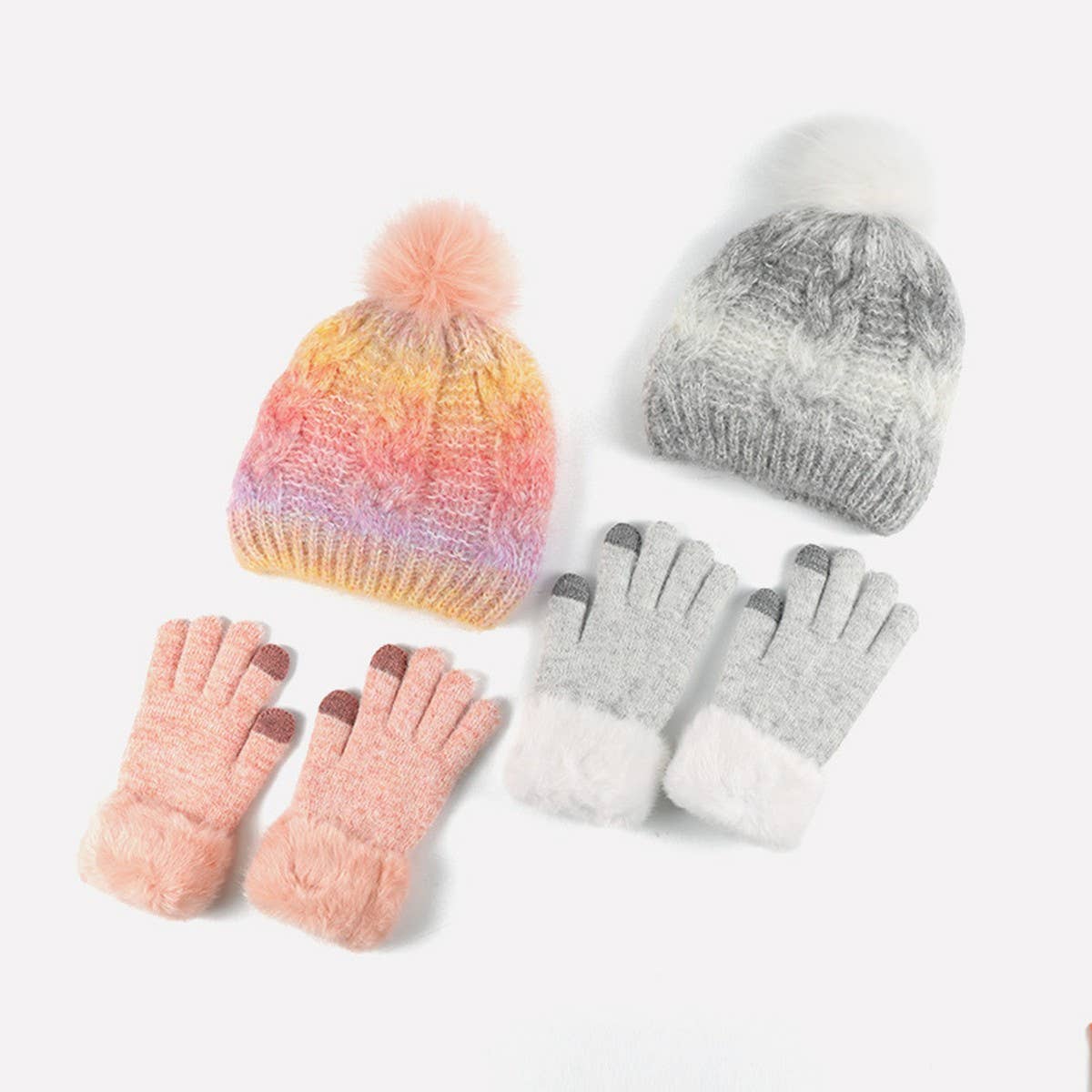 CHILDREN'S FUR BALL HAT AND GLOVES TWO-PIECE SET