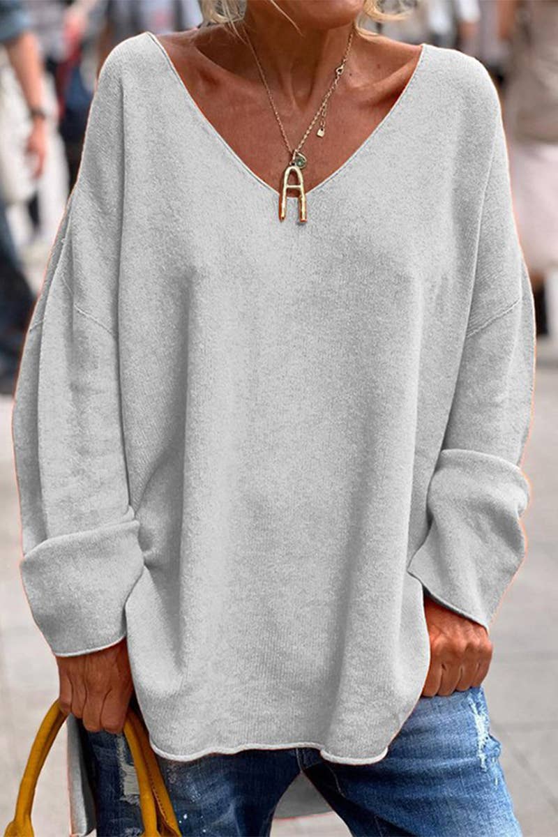 SOLID COLOR V-NECK LONG SLEEVE CASUAL T-SHIRT