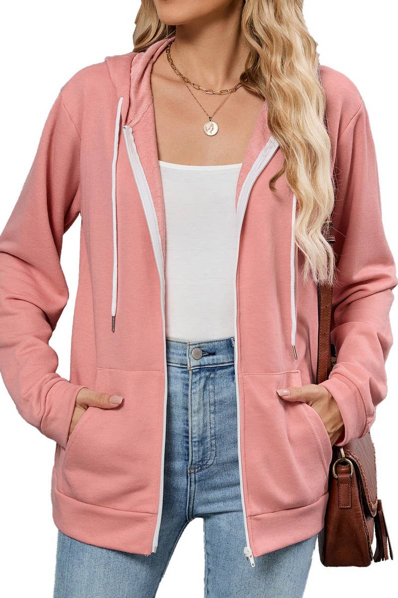 CWOCAL00575_CONTRAST COLOR ZIPPER HOODED POCKET SWEATSHIRT