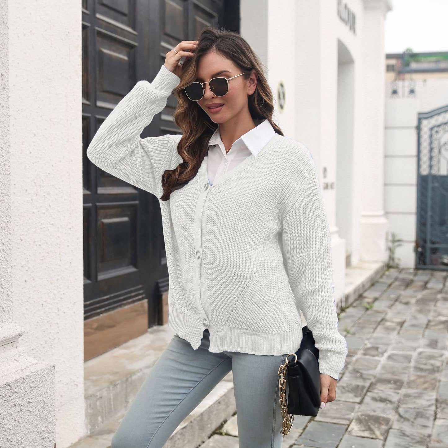 SOLID COLOR BREASTED LOOSE KNIT CARDIGAN SWEATER