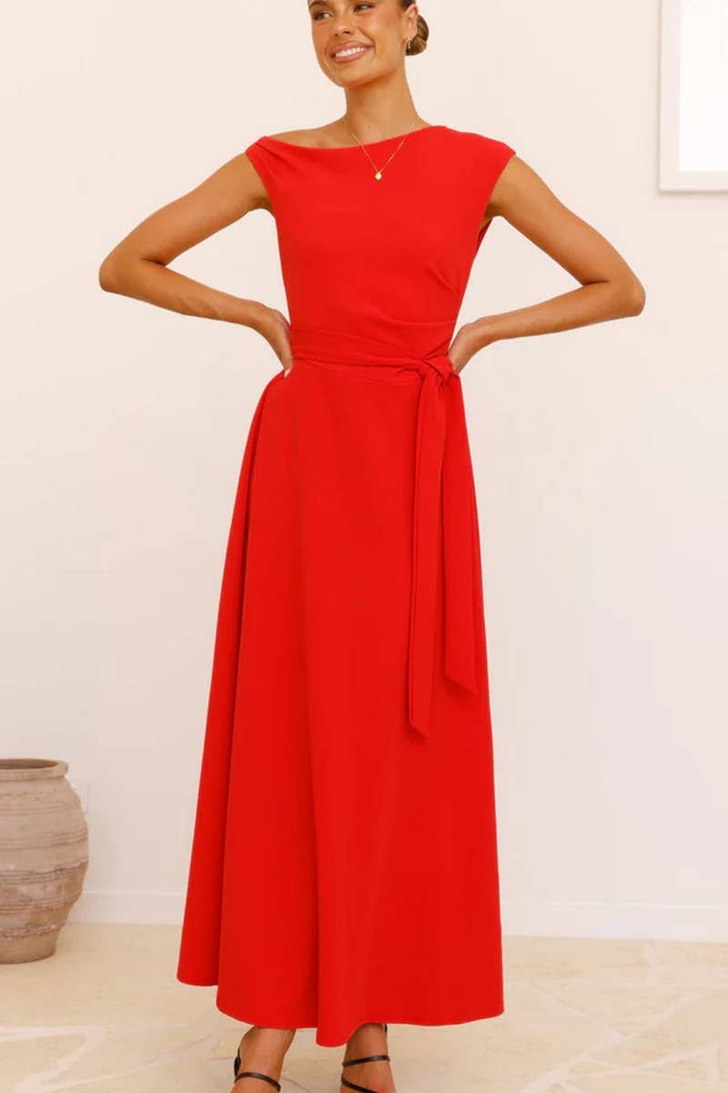 CWDMD5217_SOLID COLOR STYLISH TIE-BACK SEXY DRESS