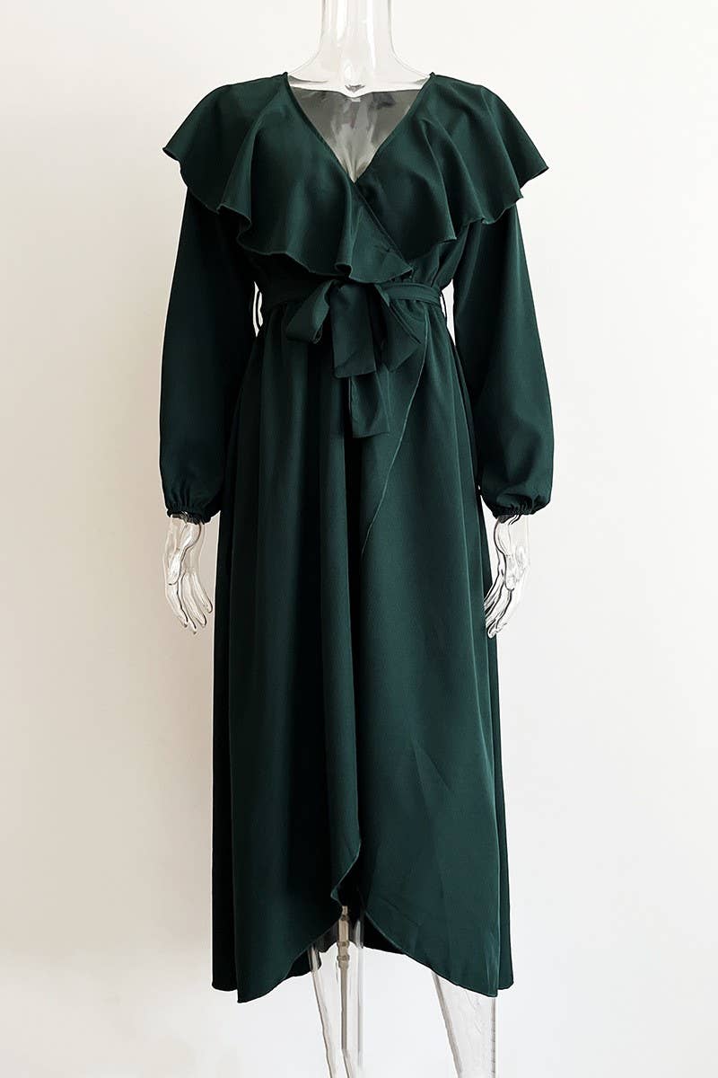 CWDMD4823_RUFFLED V-NECK LONG-SLEEVED SWING DRESS