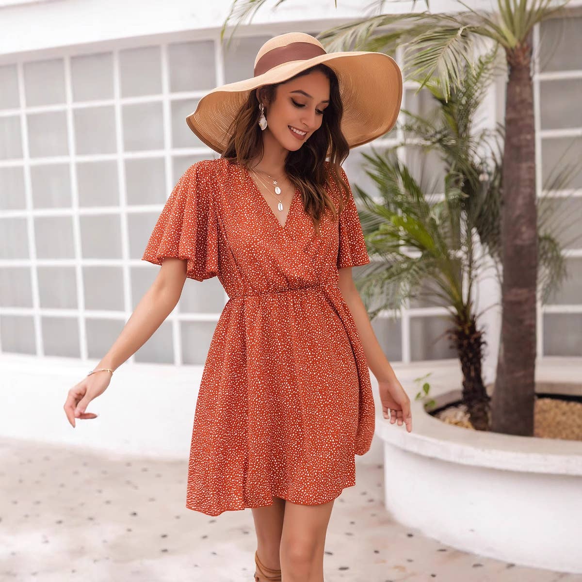 printed high-waisted loose V-neck short dress