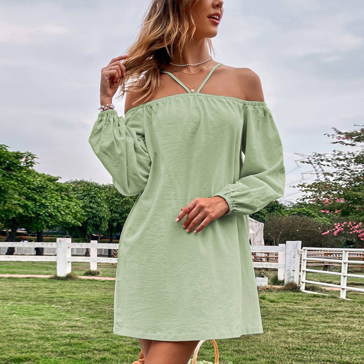 Strapless, strapless, long-sleeved dress