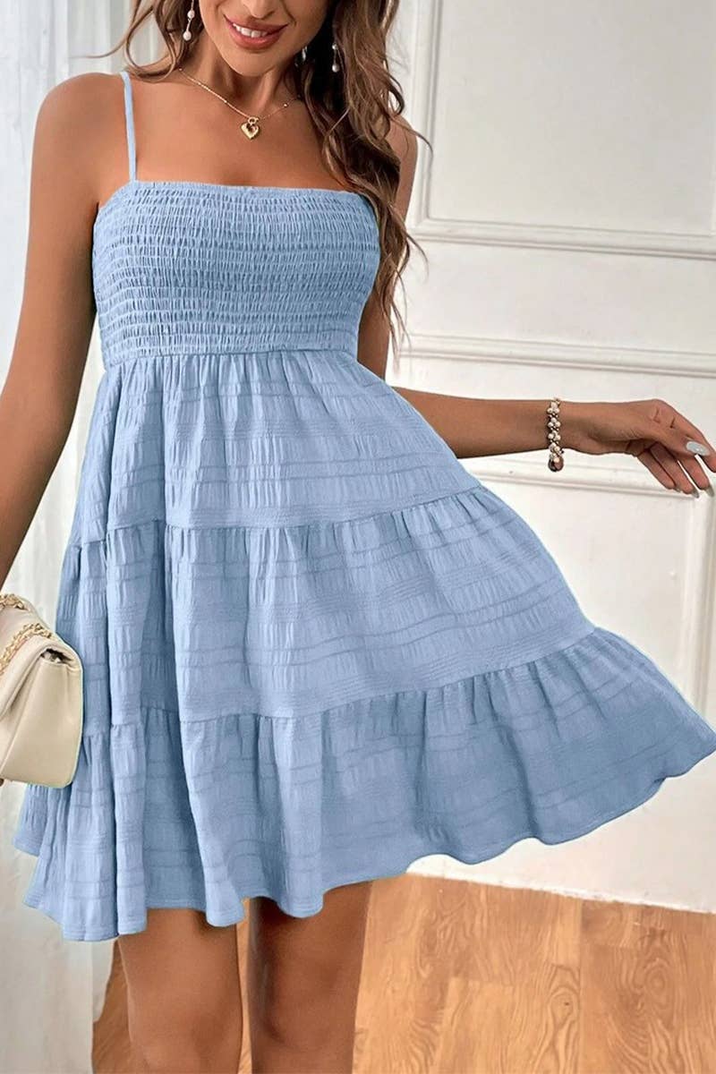 CWDHL0739_SUMMER SOLID COLOR TEXTURED SUSPENDER DRESS