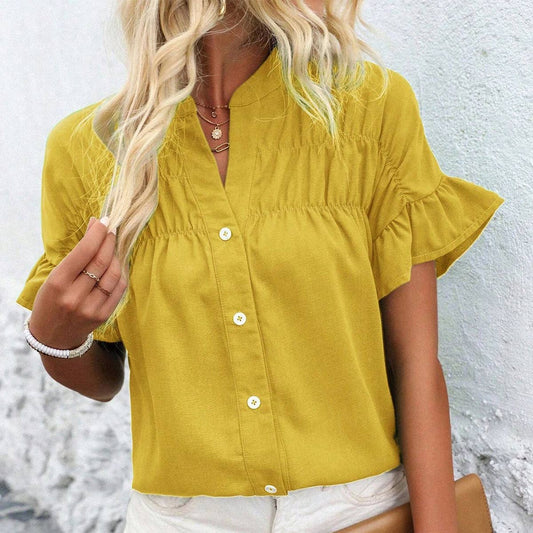 Solid color cotton linen stand-up collar shirt